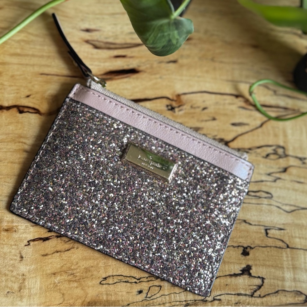 Kate Spade New York♠️Pink Glitter Card Holder- Zippered Pocket